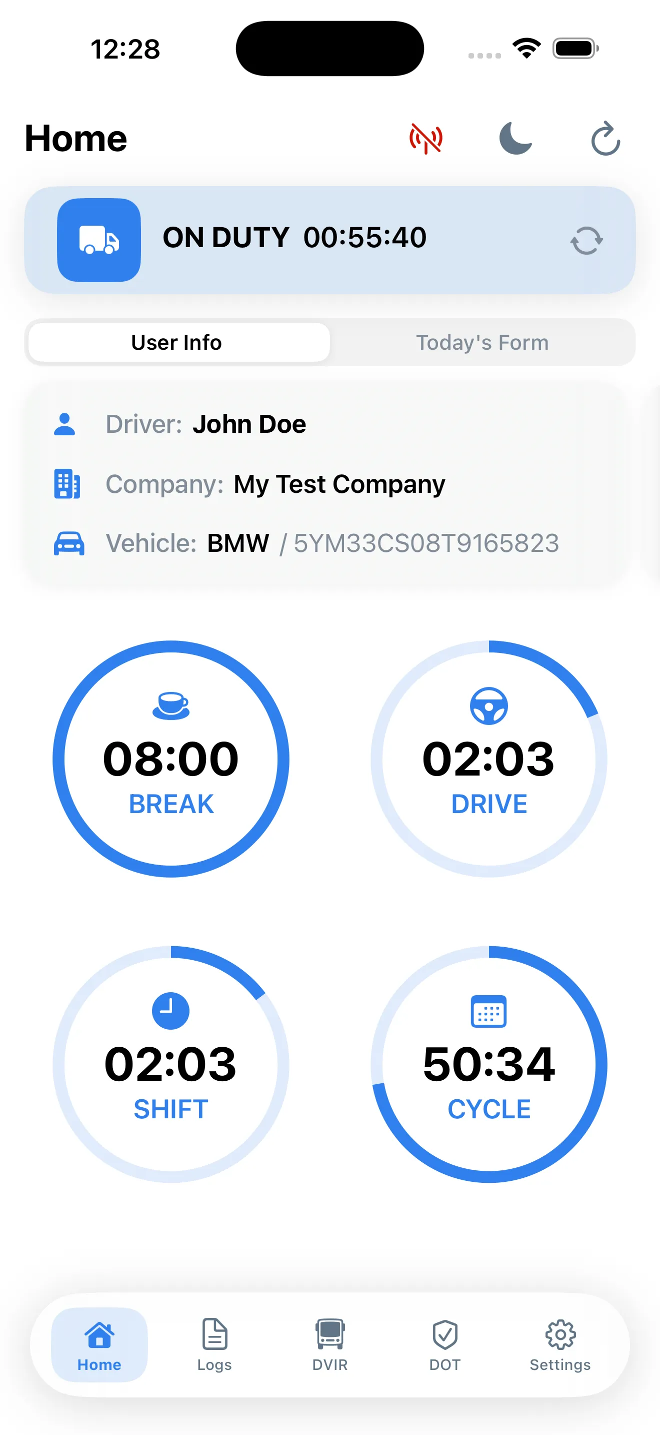 TMT ELD driver app — HOS clocks on iPhone
