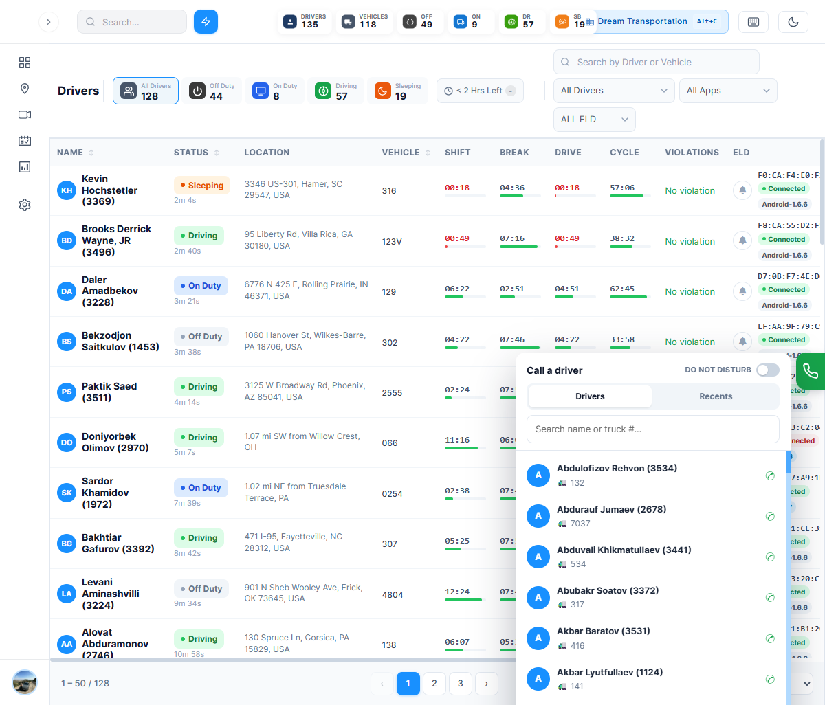 TMT ELD — calling a driver's ELD app straight from the web portal