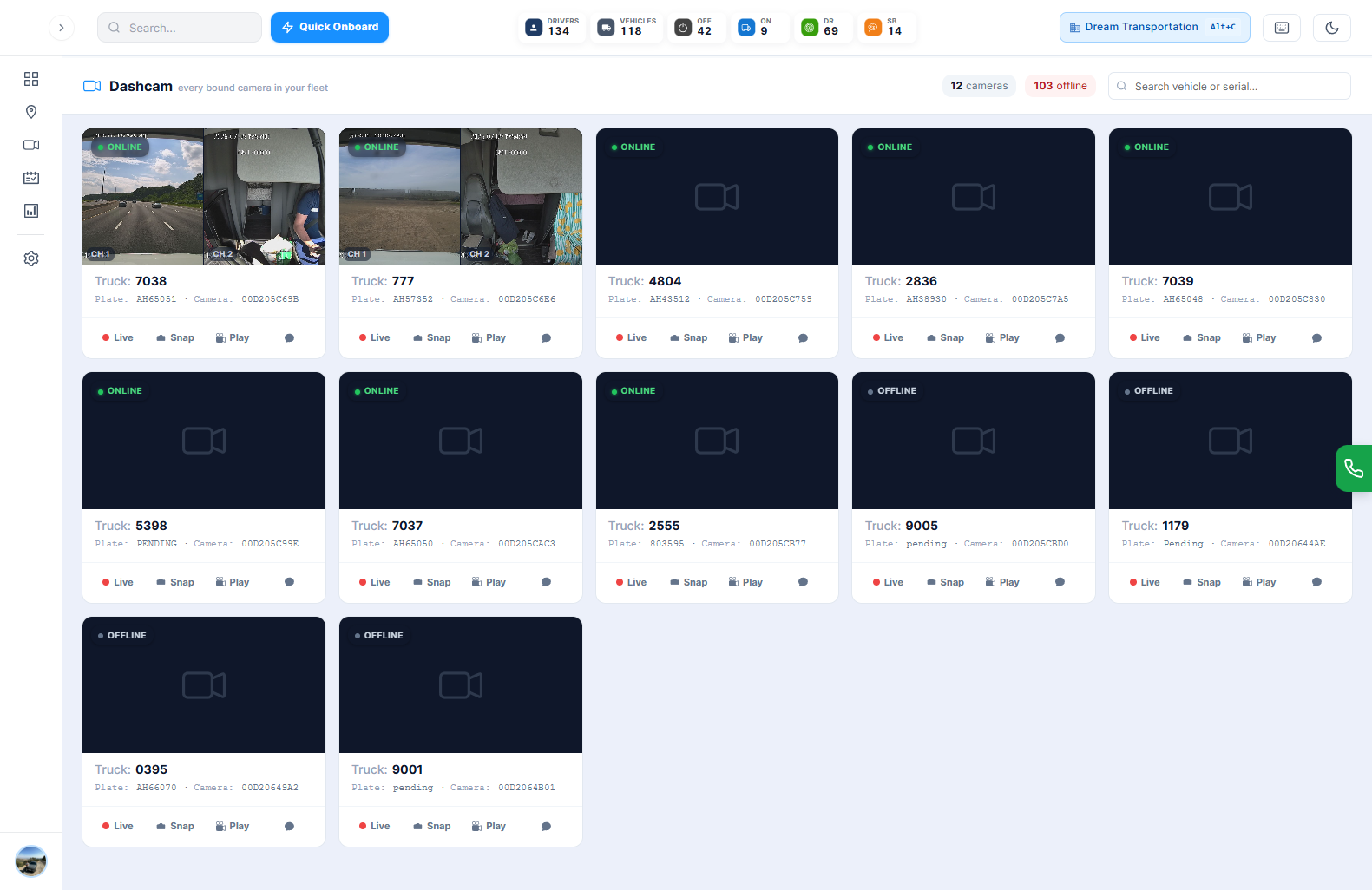 TMT ELD — live dashcam grid for the whole fleet